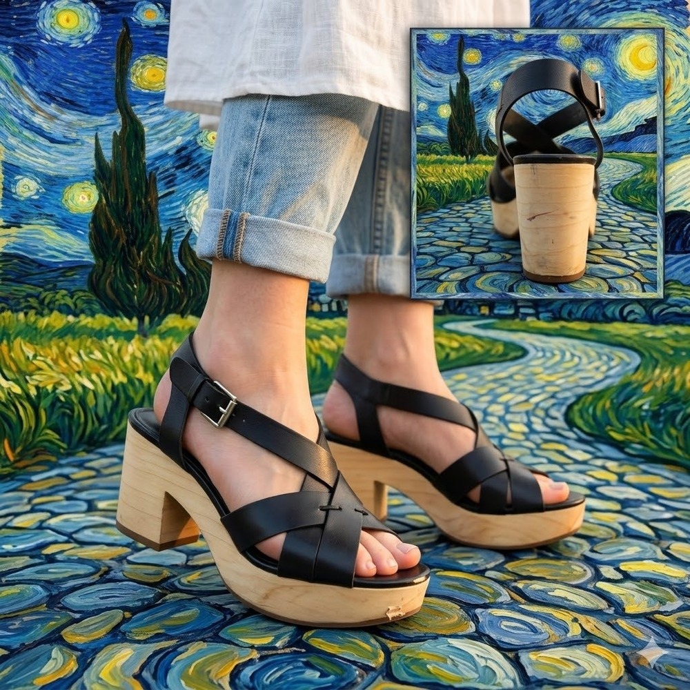 Rebecca Minkoff Black Leather Wood Platform Block Heel Sandals Womens 9M